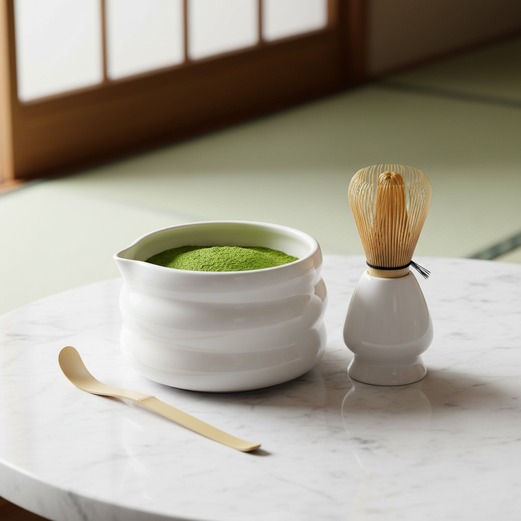 Ensemble bol et support à fouet matcha Bubble sur marbre avec fouet bambou
