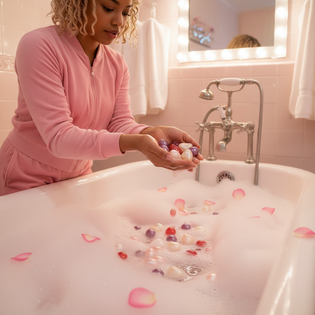 Femme qui verse des perles de bain rétro colorées dans un bain rose