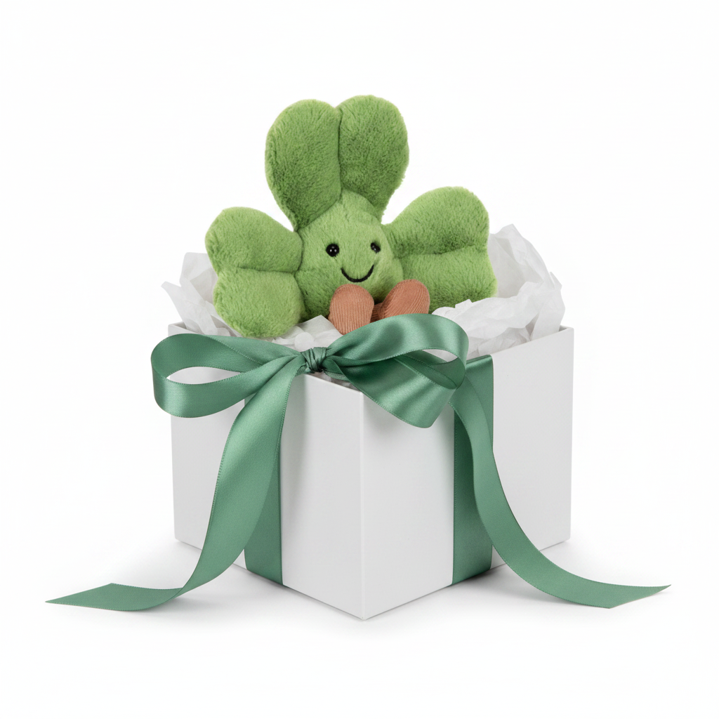 Jellycat Siofra Shamrock présenté comme cadeau avec ruban