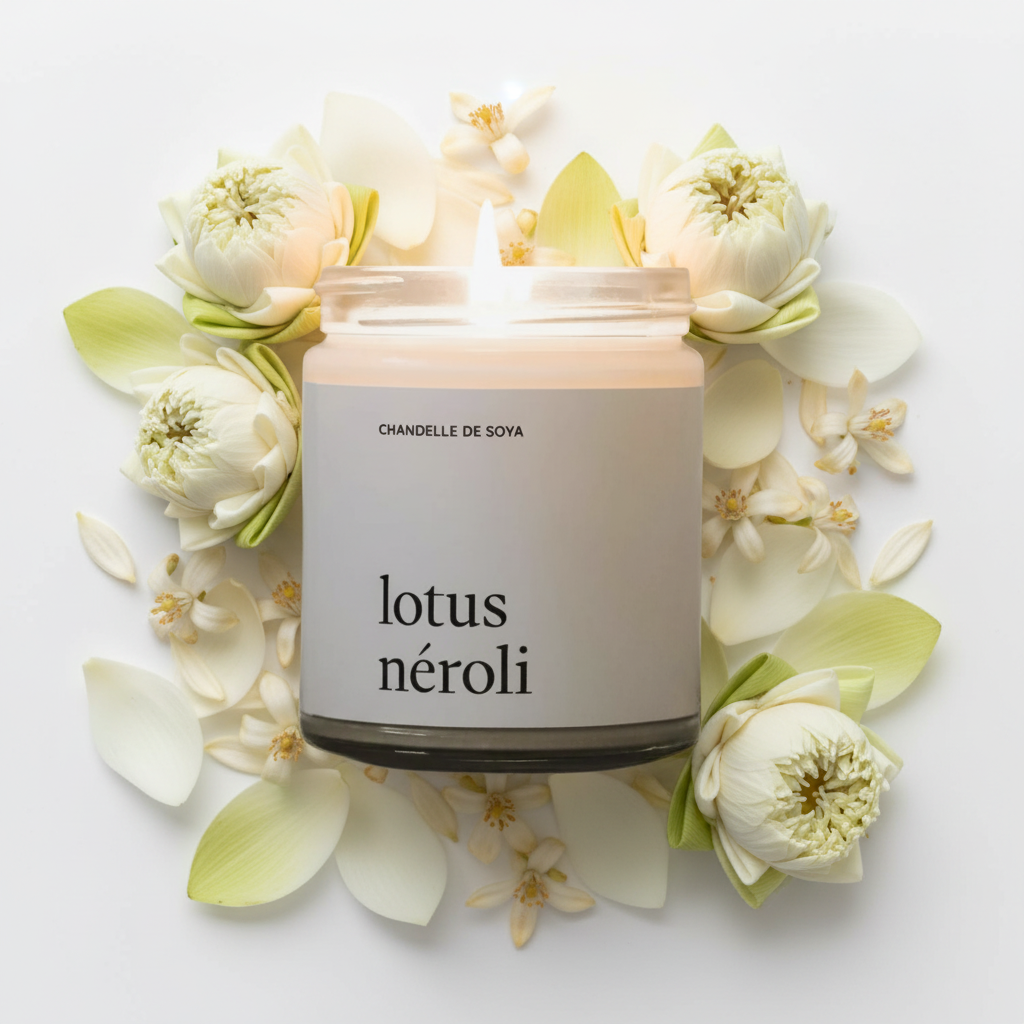 Chandelle de soya Lotus Néroli Produits Marée sur fond blanc avec fleurs de lotus et fleurs d'oranger