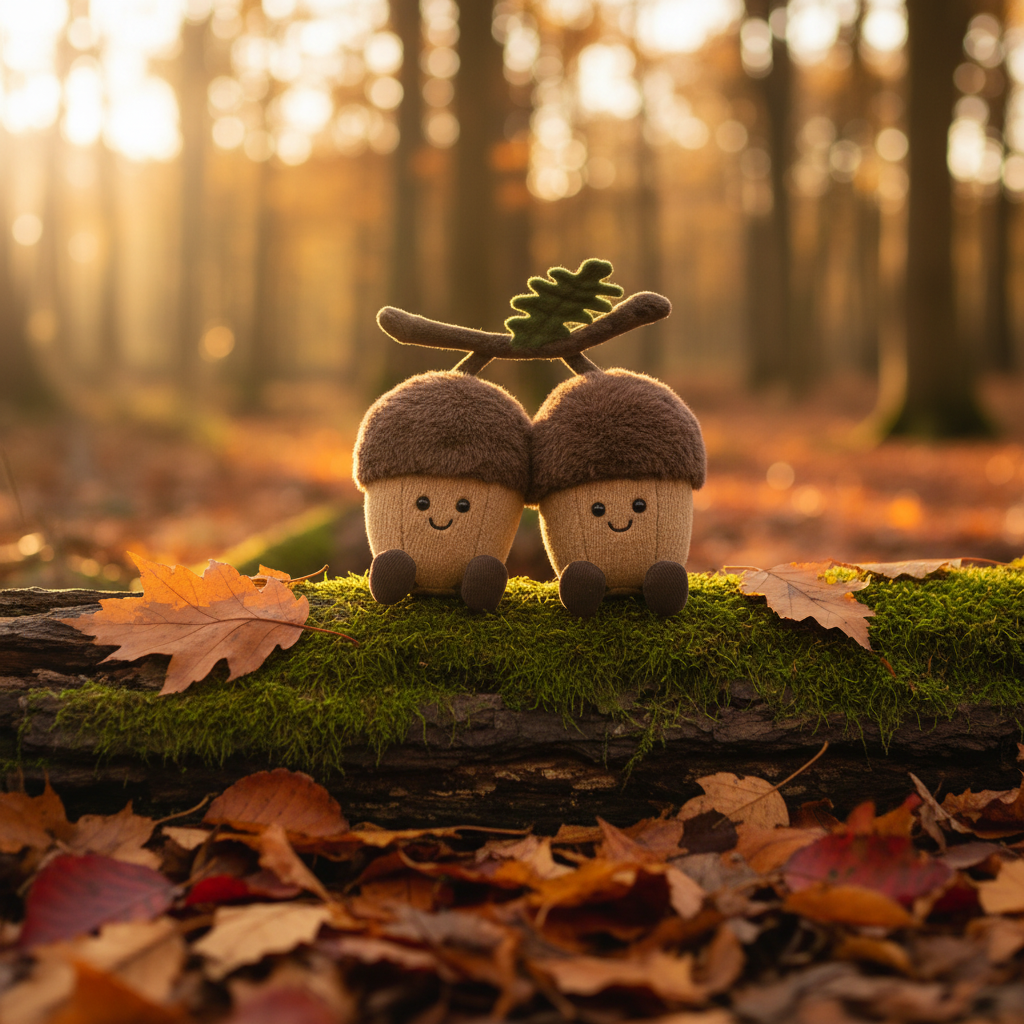 Jellycat Ort & Tum Acorns — Duo de peluches glands en ambiance forêt automnale