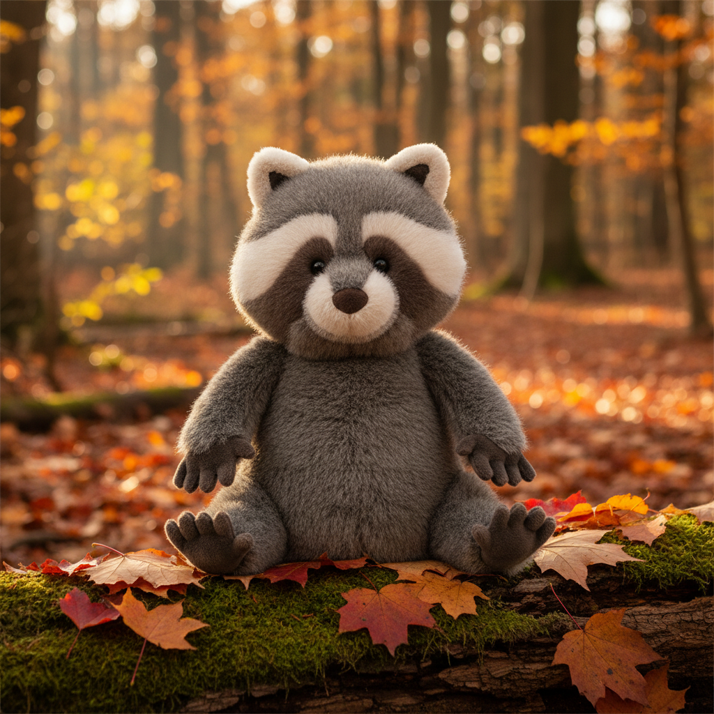 Jellycat Trixiwoo Racoon — Peluche raton laveur en ambiance forêt automnale