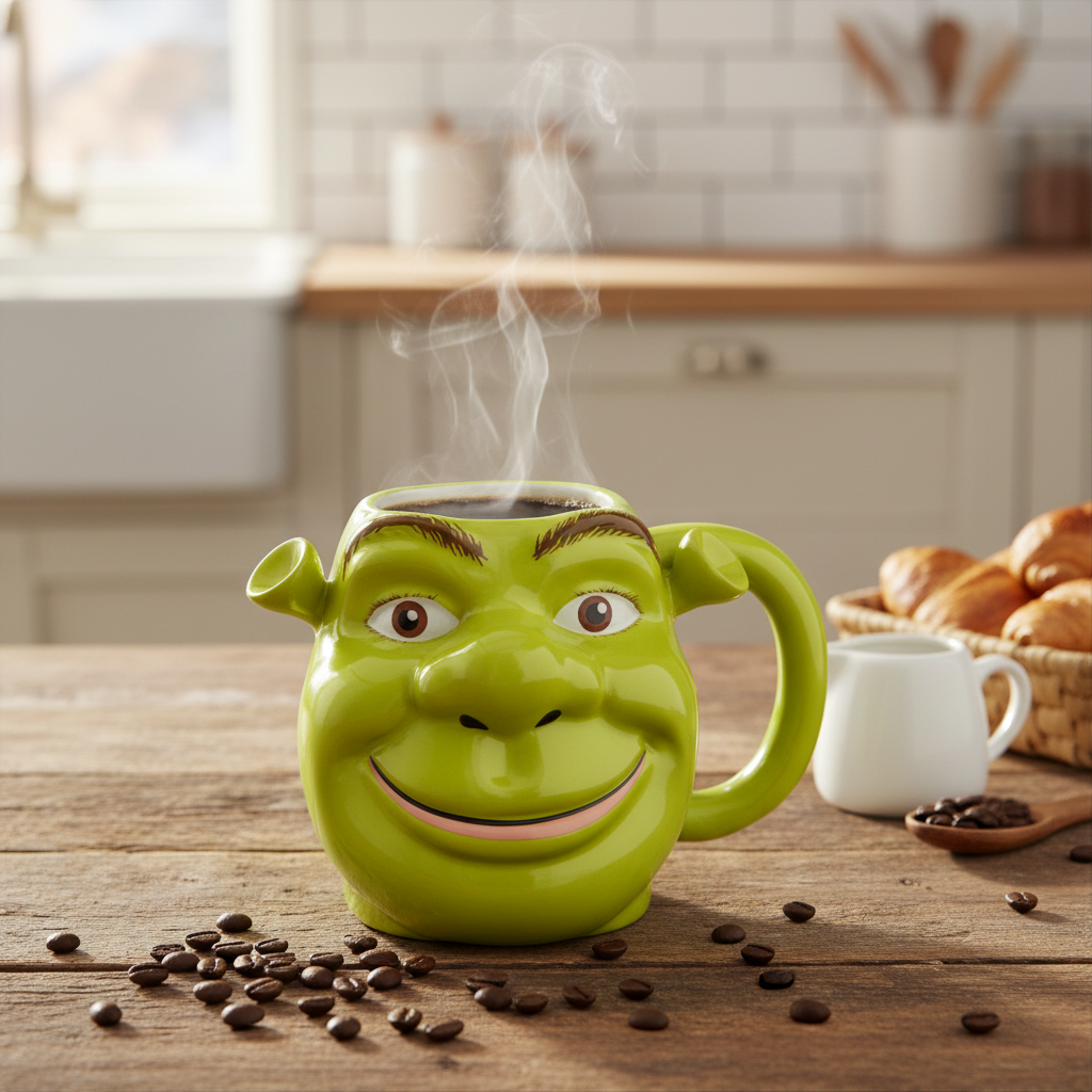 Mug céramique 3D visage de Shrek sur une table en bois avec vapeur et grains de café