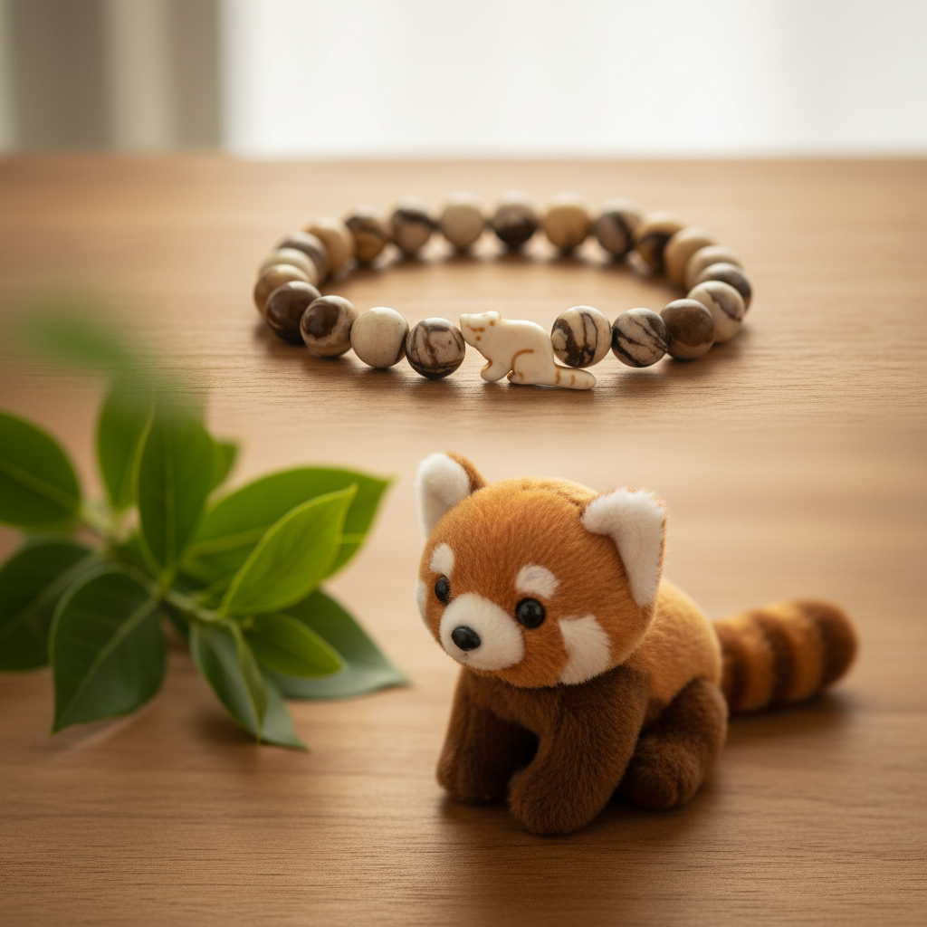 Bracelet Fahlo Red Panda sur bois avec feuilles et peluche panda roux