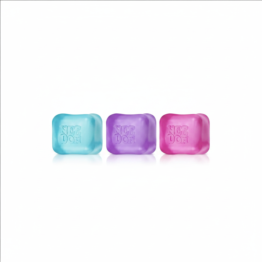 Nee Doh Nice Ice Baby squishies carrés bleu, violet et rose sur fond blanc