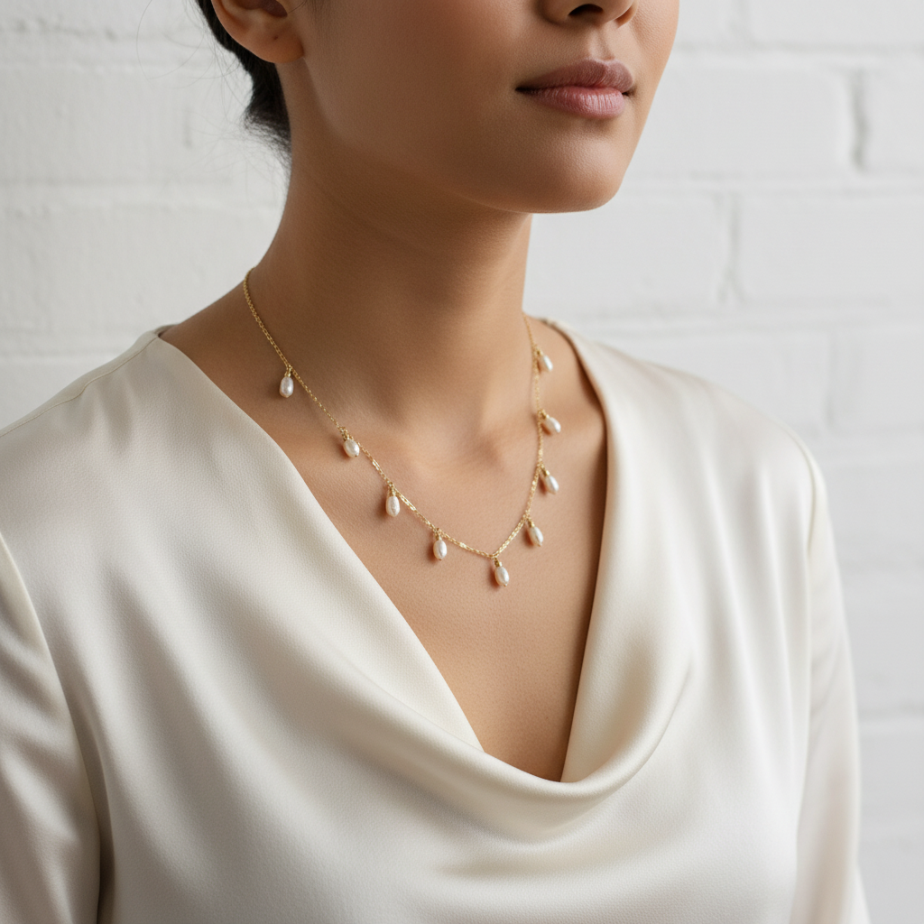 Collier Penelope perles cascade porté au cou lifestyle