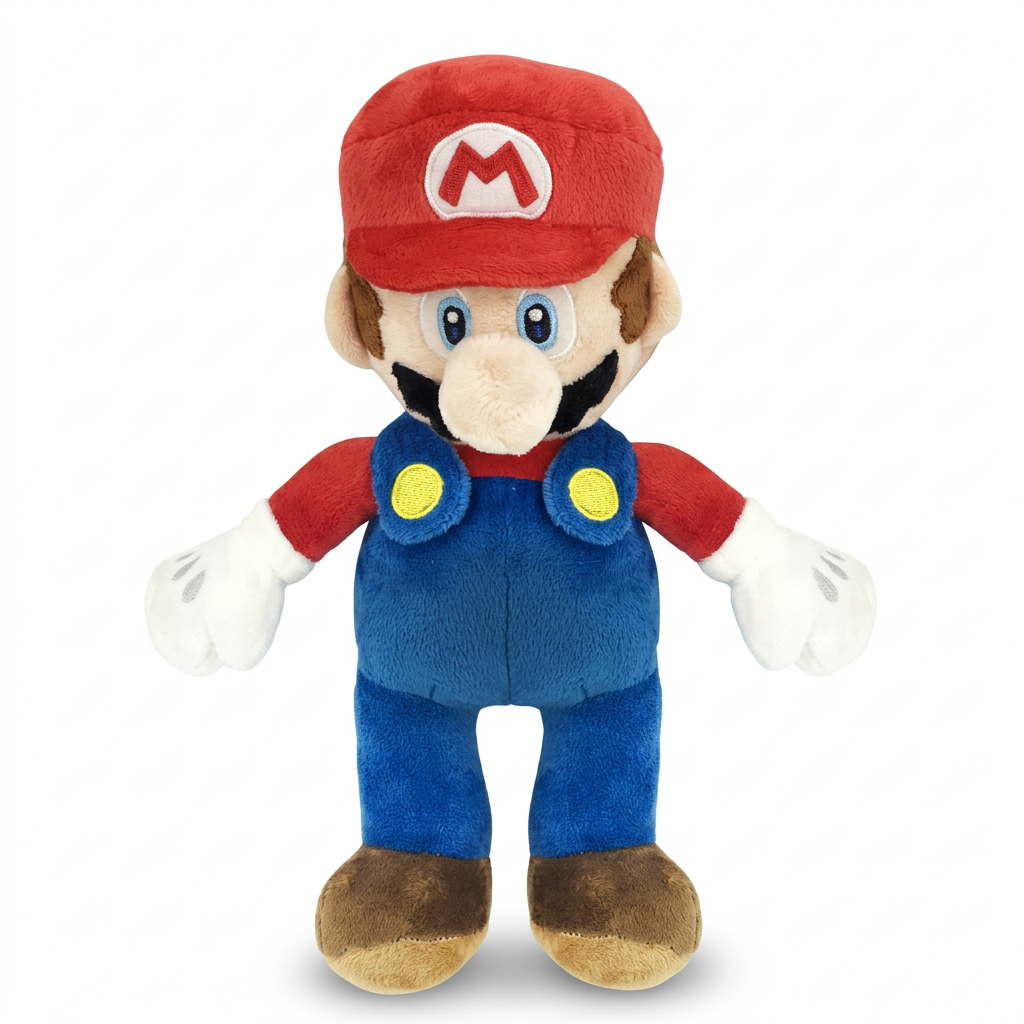 Peluche Super Mario géante de 48 po avec casquette rouge et salopette bleue, sur fond blanc.
