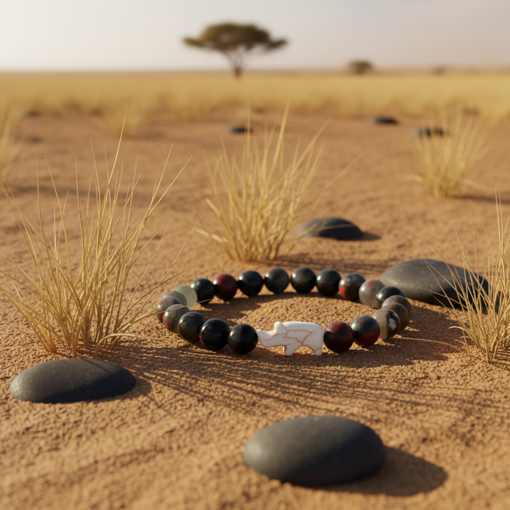 Bracelet Fahlo Rhinocéros Savanna sur sable avec herbes sèches et galets