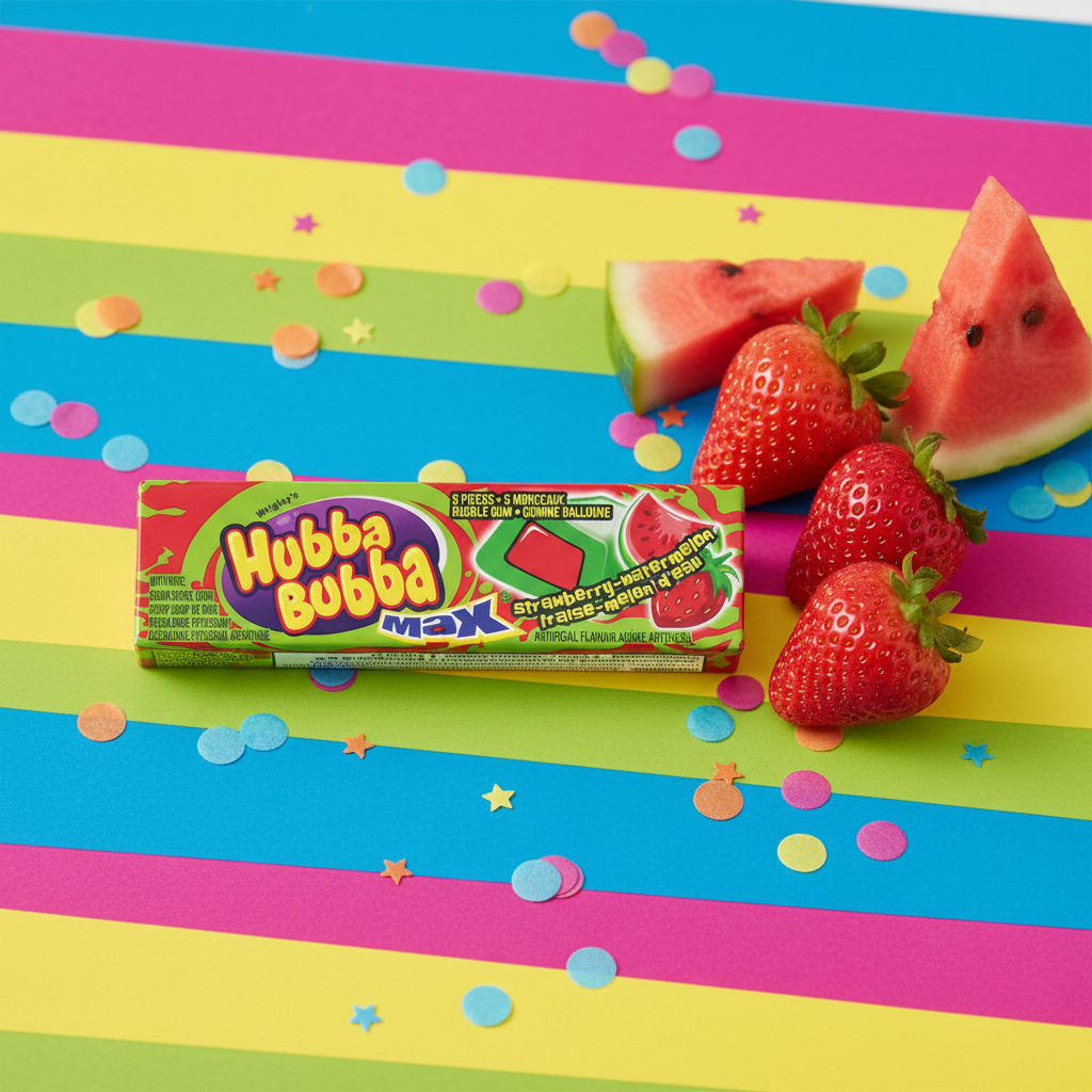 Paquet Hubba Bubba Max Fraise-Melon d’eau avec fraises et tranches de melon d’eau