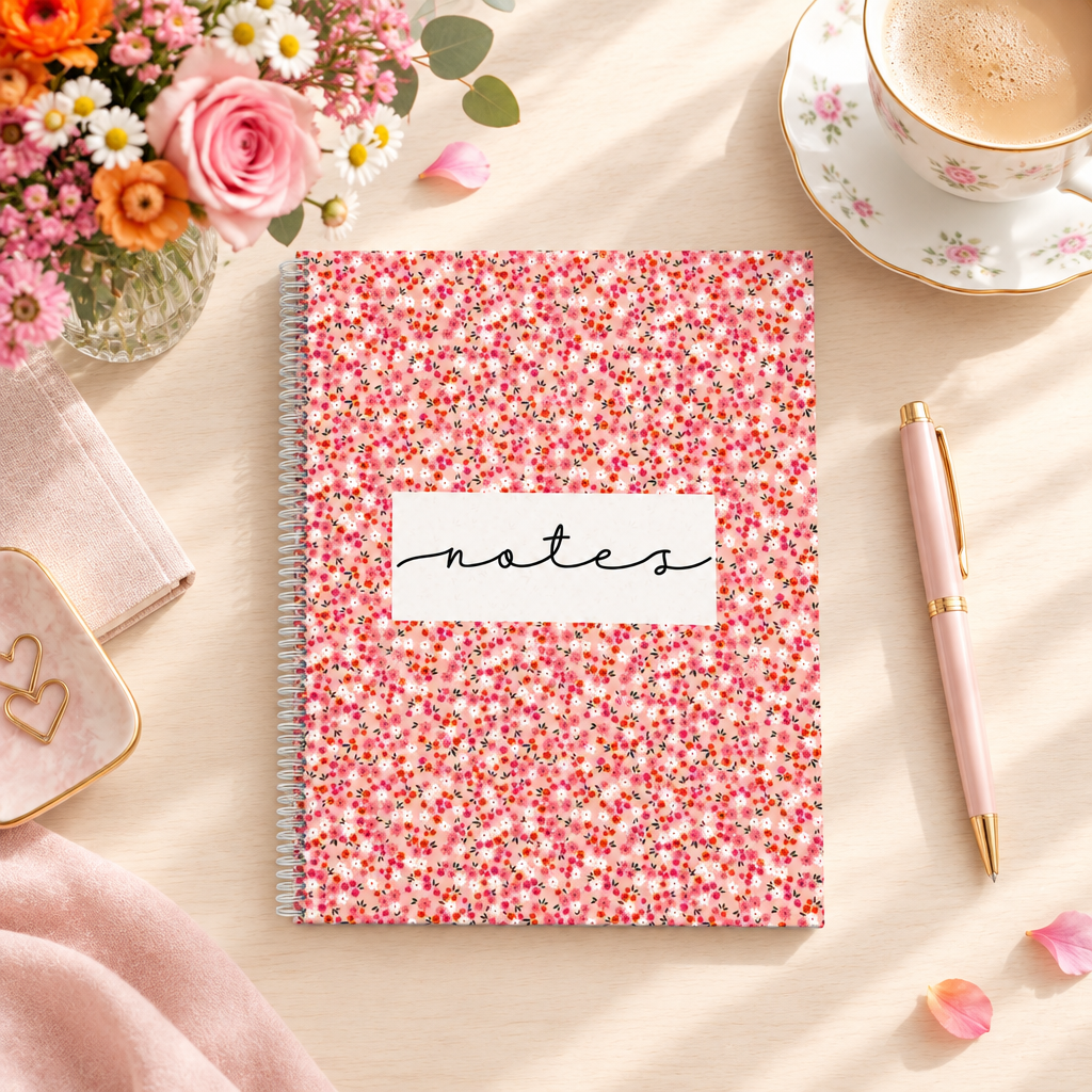 Cahier de notes fleuri présenté sur un bureau avec une tasse, un stylo et un bouquet de fleurs