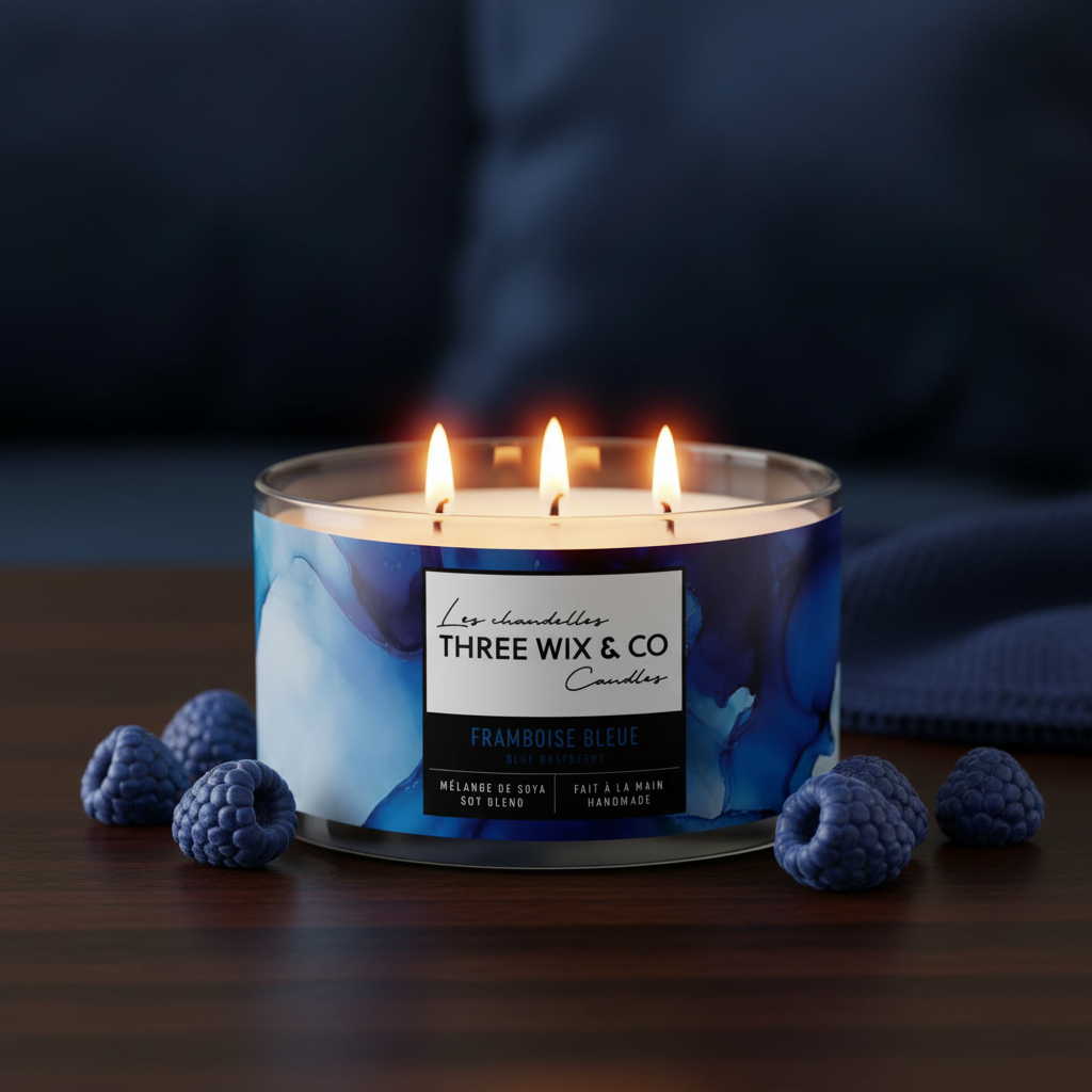 Chandelle Three Wix & Co Framboise Bleue allumée avec framboises bleues, ambiance cosy et indigo