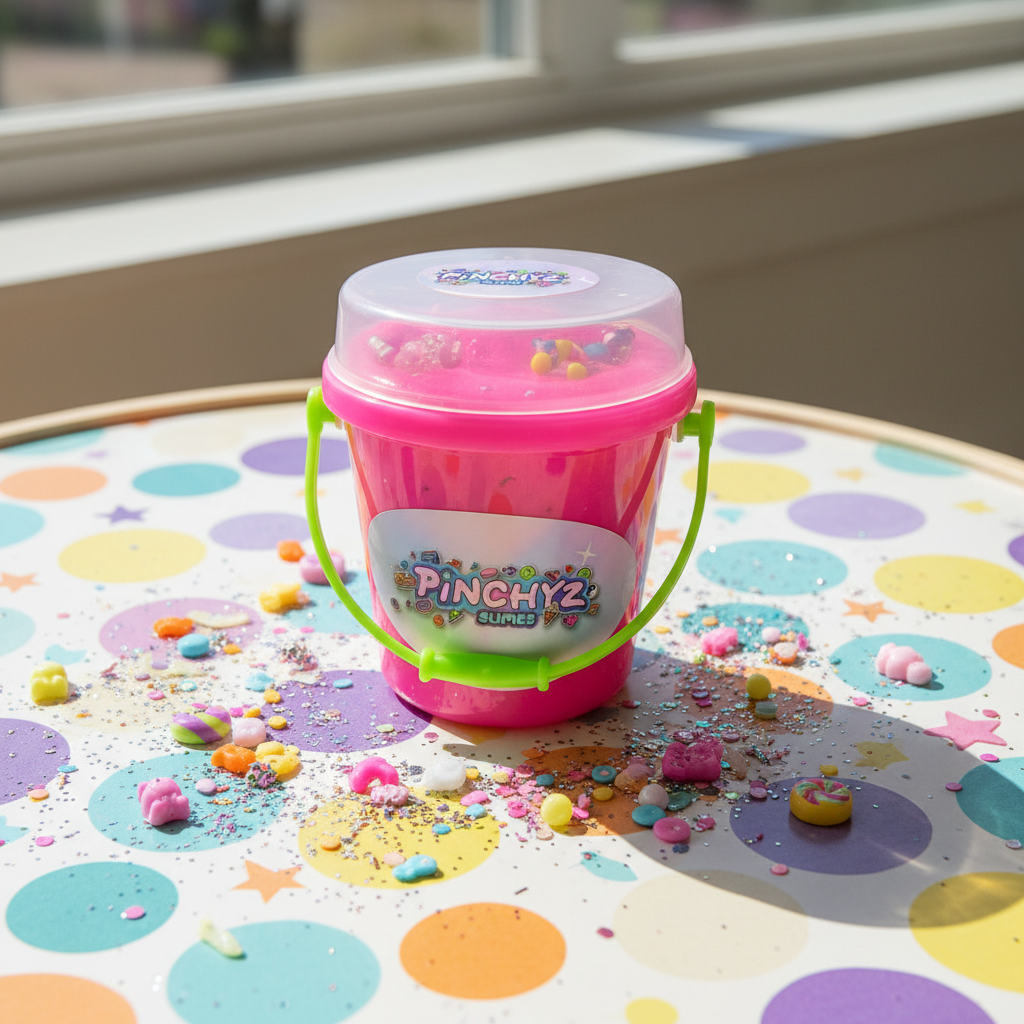 Pinchyz Slimes seau rose lifestyle sur table enfant avec confettis et paillettes