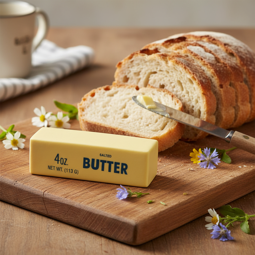Jouet squishy beurre jaune sur surface en bois avec pain, couteau et fleurs sauvages