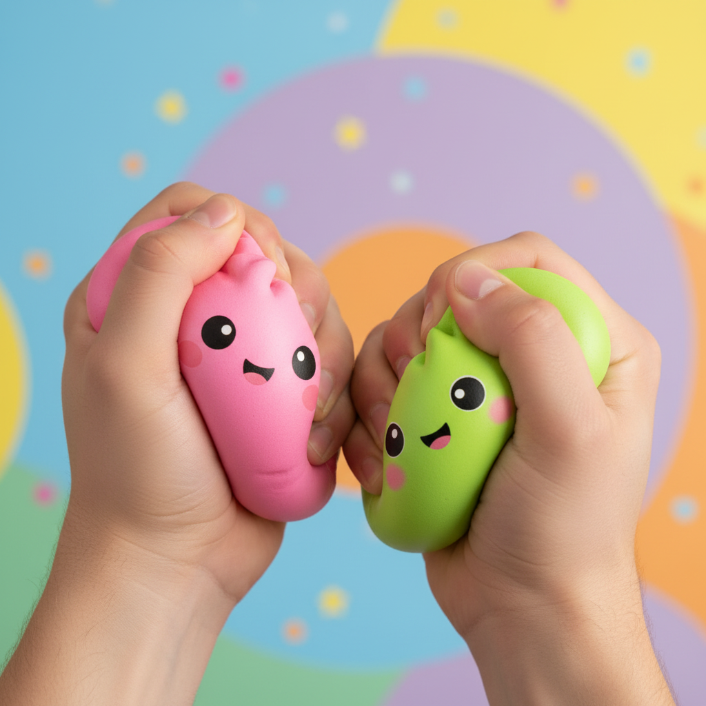 Deux mains qui pressent de grands dumplings squishy kawaii rose et vert avec visages souriants