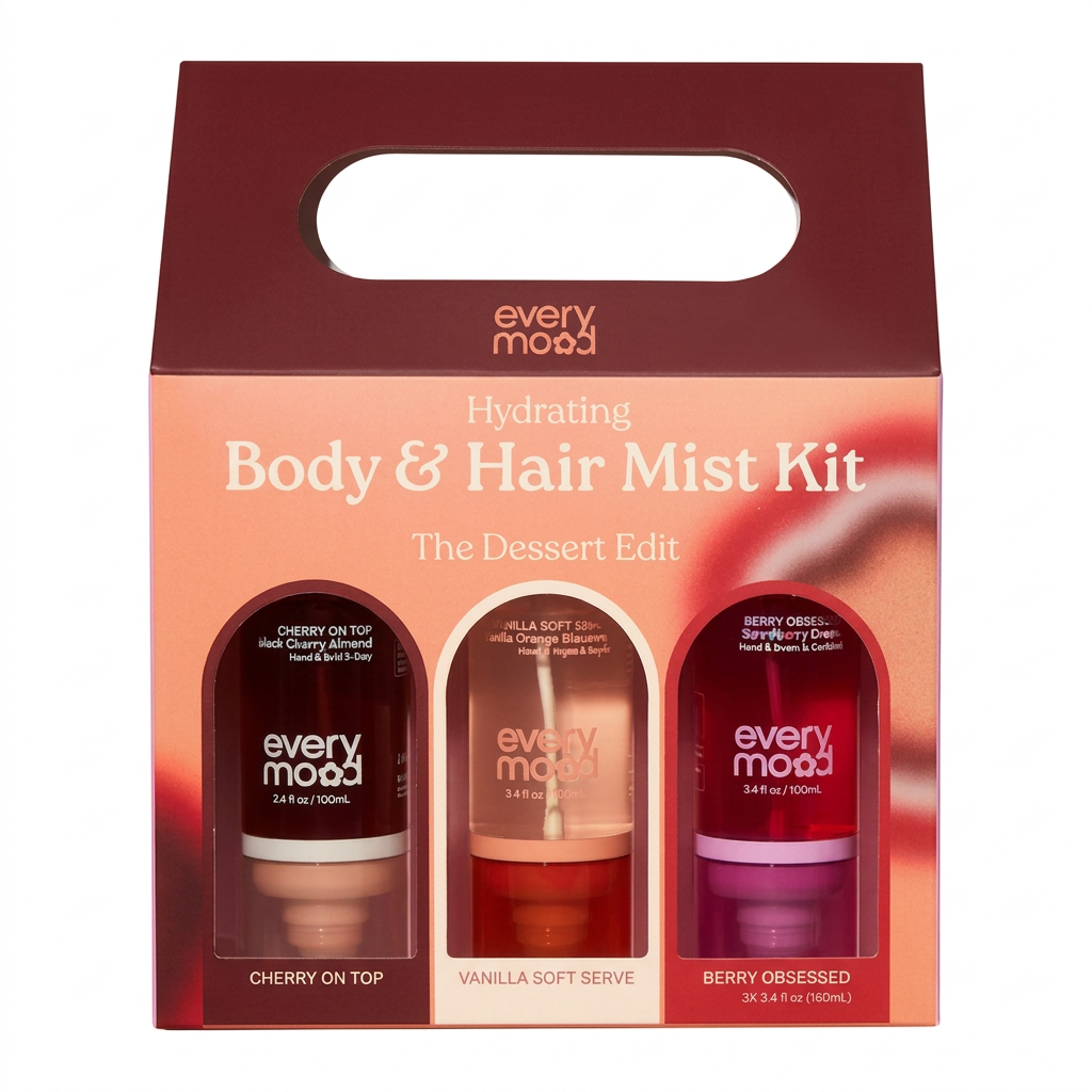 Coffret Everymood The Dessert Edit de trois brumes corps et cheveux, cerise, vanille et petits fruits, sur fond blanc.