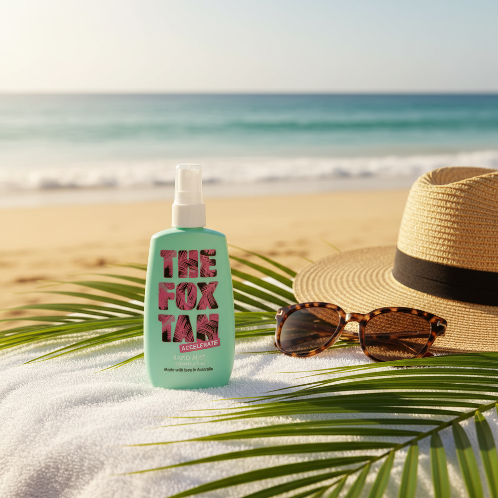The Fox Tan Accelerate Rapid Mist à la plage avec feuilles tropicales et lunettes de soleil