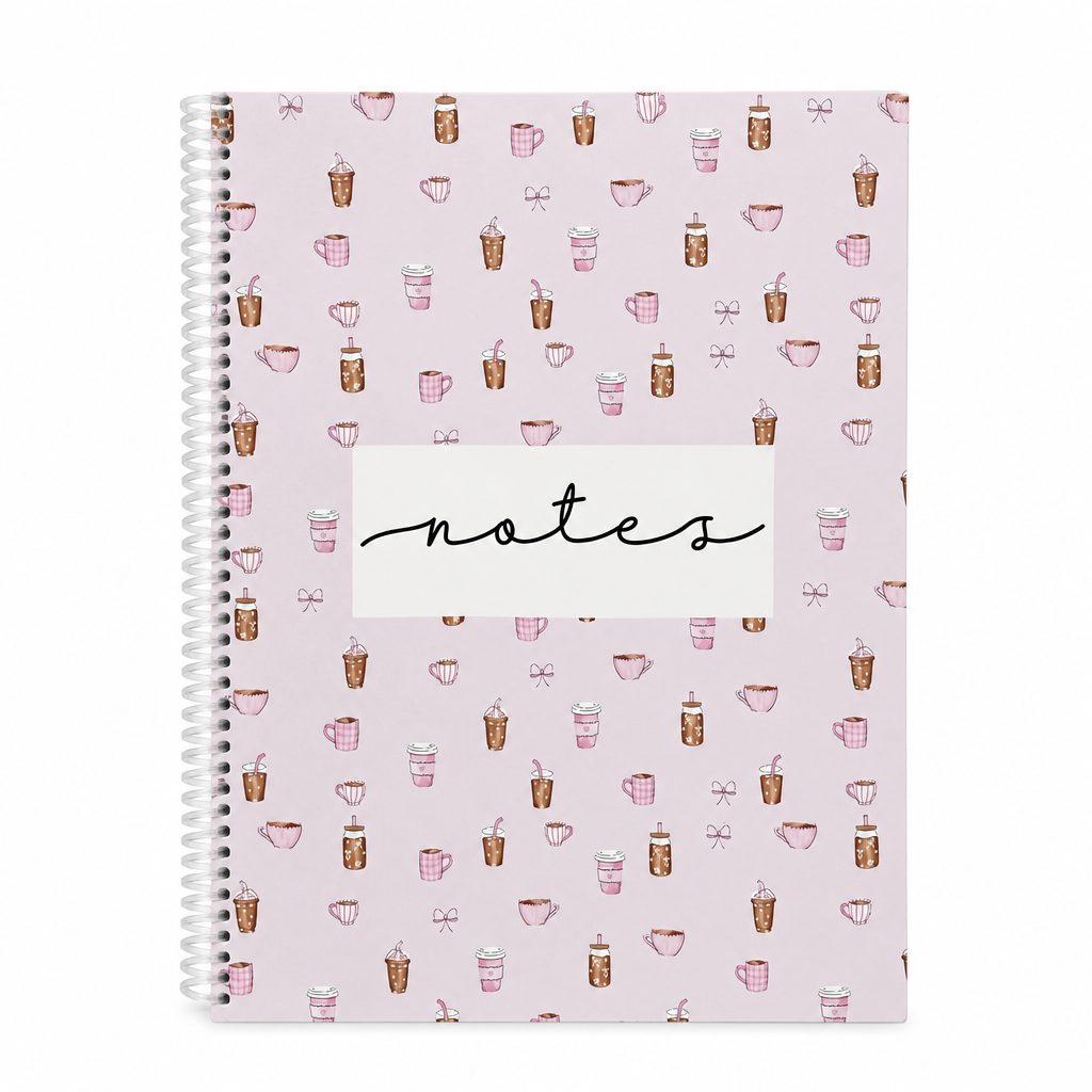 Cahier de notes rose à motifs de cafés vintages sur fond blanc