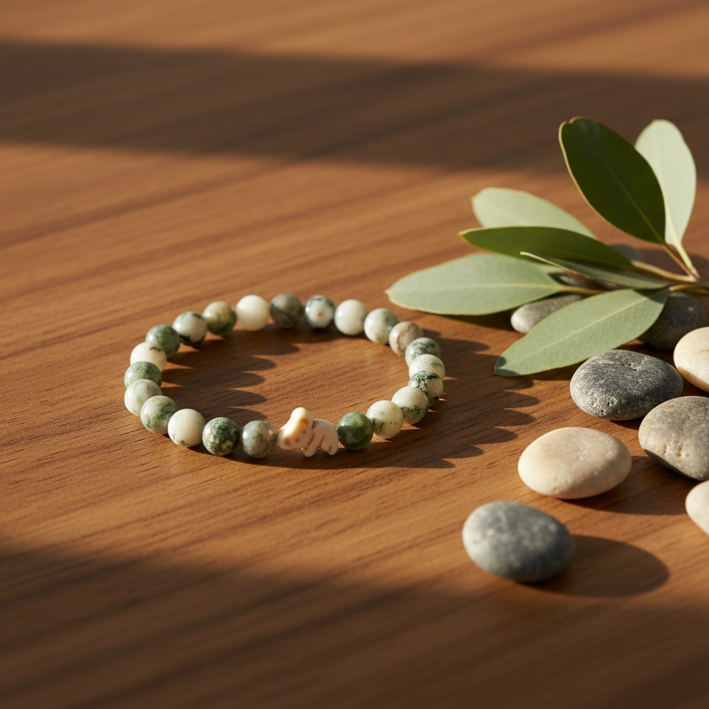Bracelet Fahlo Koala Eucalyptus Green sur bois avec feuilles d’eucalyptus
