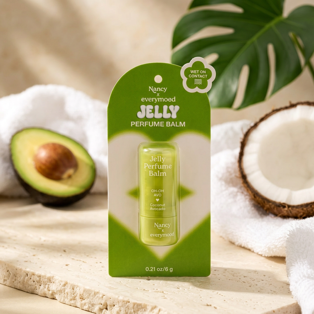 Mini baume parfumé OH-OH AVO dans son emballage individuel, dans un décor beauté avec noix de coco et avocat.