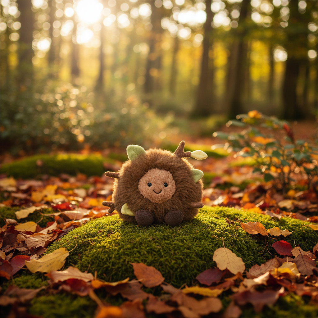 Jellycat Mulshi Woodland Floor — Peluche créature de la forêt en ambiance sous-bois automnal