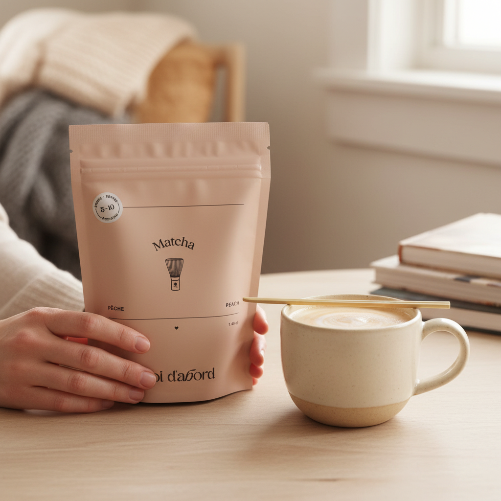 Mains tenant le sachet Matcha Pêche Moi d'abord avec un latte pêche