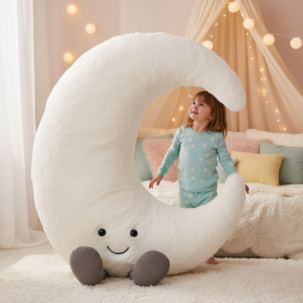 Peluche lune géante Jellycat à côté d'un enfant de 6-7 ans - format carré