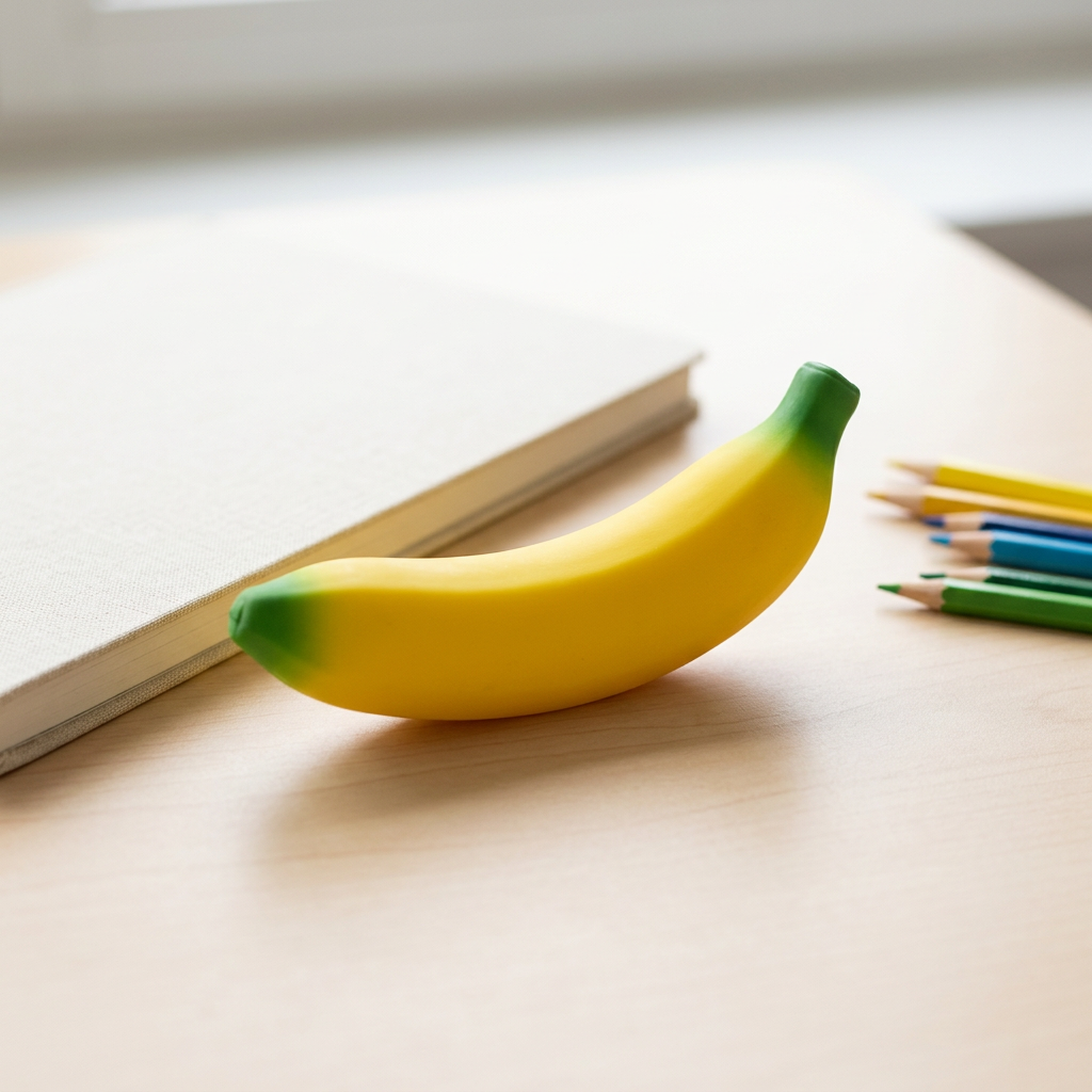 Jouet banane jumbo anti-stress Ricochet posé sur un bureau clair