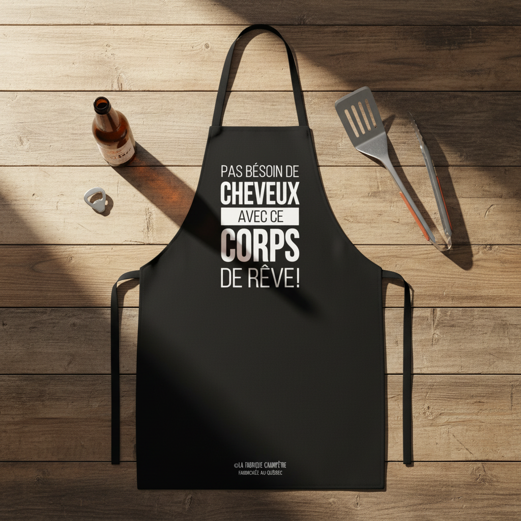 Tablier noir humoristique flat lay avec accessoires BBQ