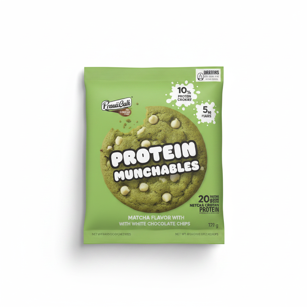 Emballage biscuit matcha pépites blanches Protein Munchables sur fond blanc