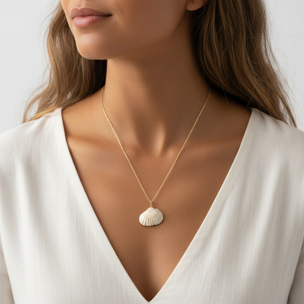 Collier Alana coquillage naturel porté au cou lifestyle