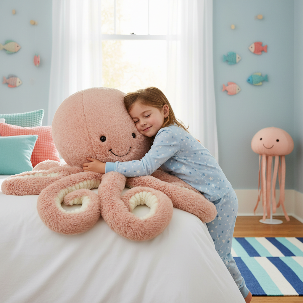 Enfant en pyjama qui câline la pieuvre géante Jellycat Odell