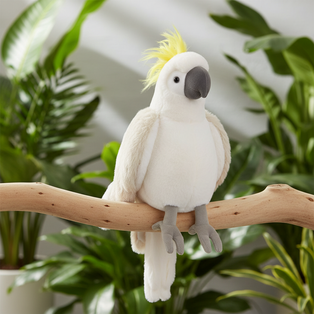 Mango peluche cacatoès Bukowski - décor branche tropicale feuilles vertes