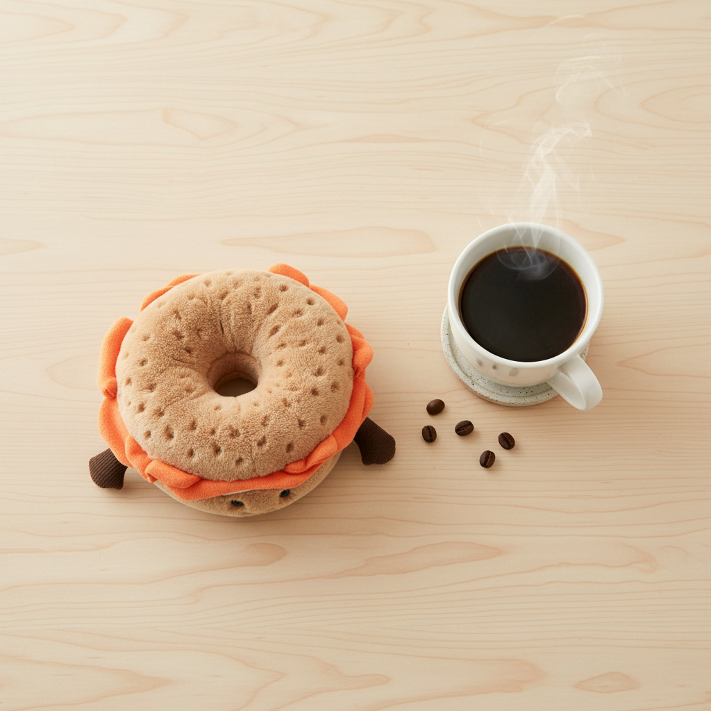 Jellycat Amuseable Bagel sur une table de petit-déjeuner avec café