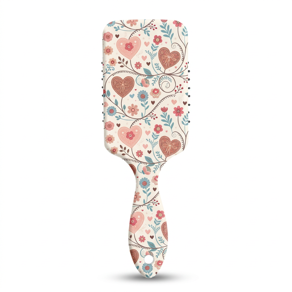 Grande brosse démêlante Josslyn à cœurs et fleurs sur fond blanc