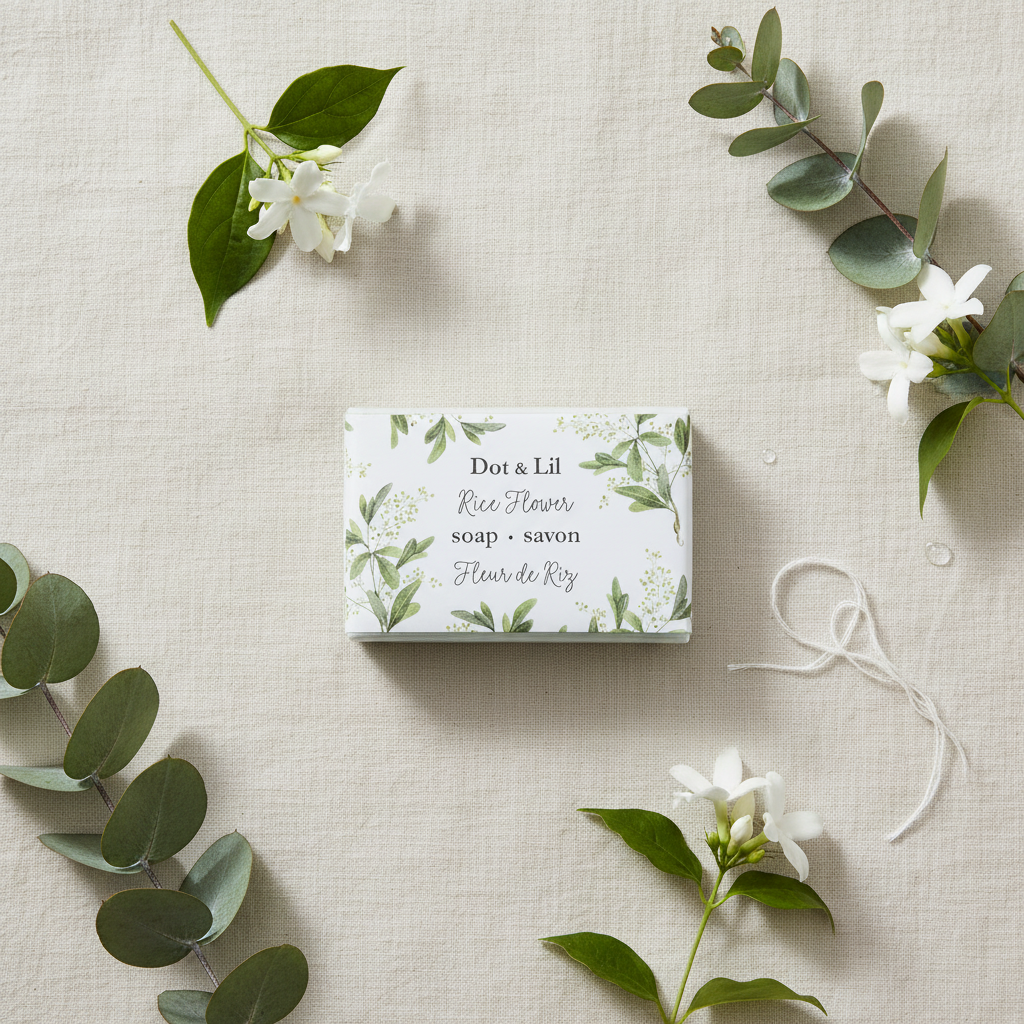 Savon Fleur de Riz Dot & Lil flat lay minimaliste