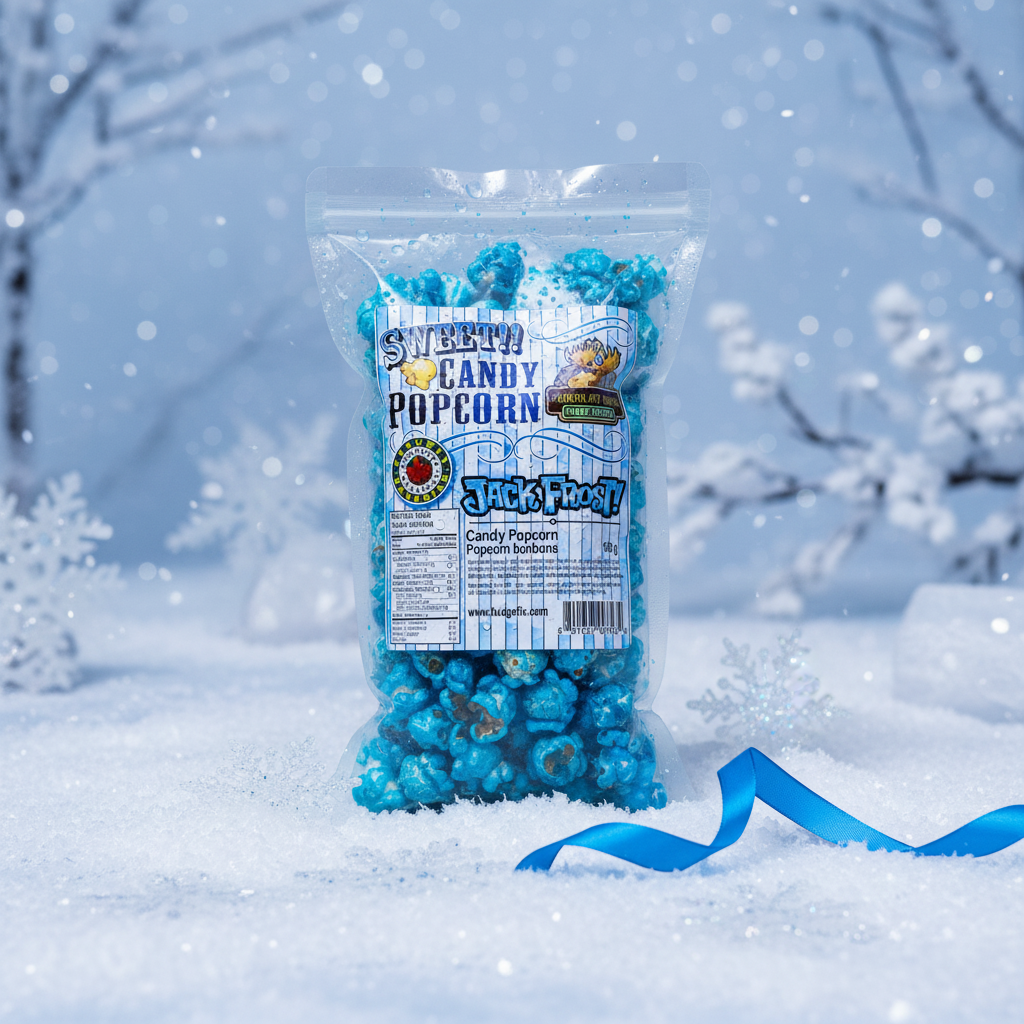 Popcorn Jack Frost Chocolat Moose Fudge Factory sac 160g bleu givré sur surface enneigée avec flocons de neige et ruban bleu