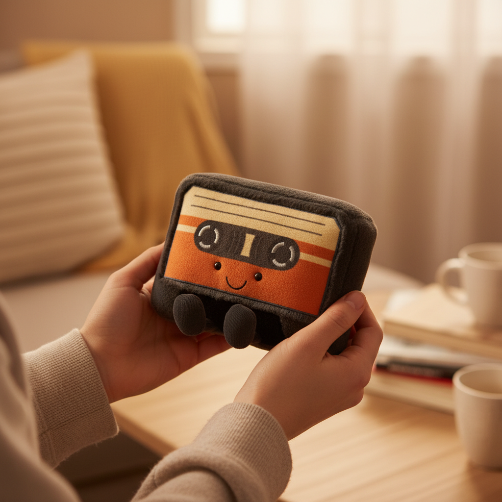 Peluche Jellycat cassette tape tenue dans les mains, idée cadeau