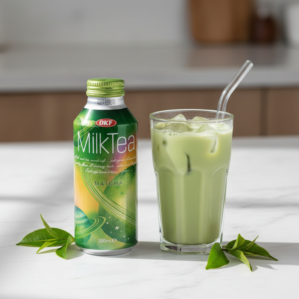 Canette OKF Milk Tea Matcha sur marbre avec verre de matcha glacé