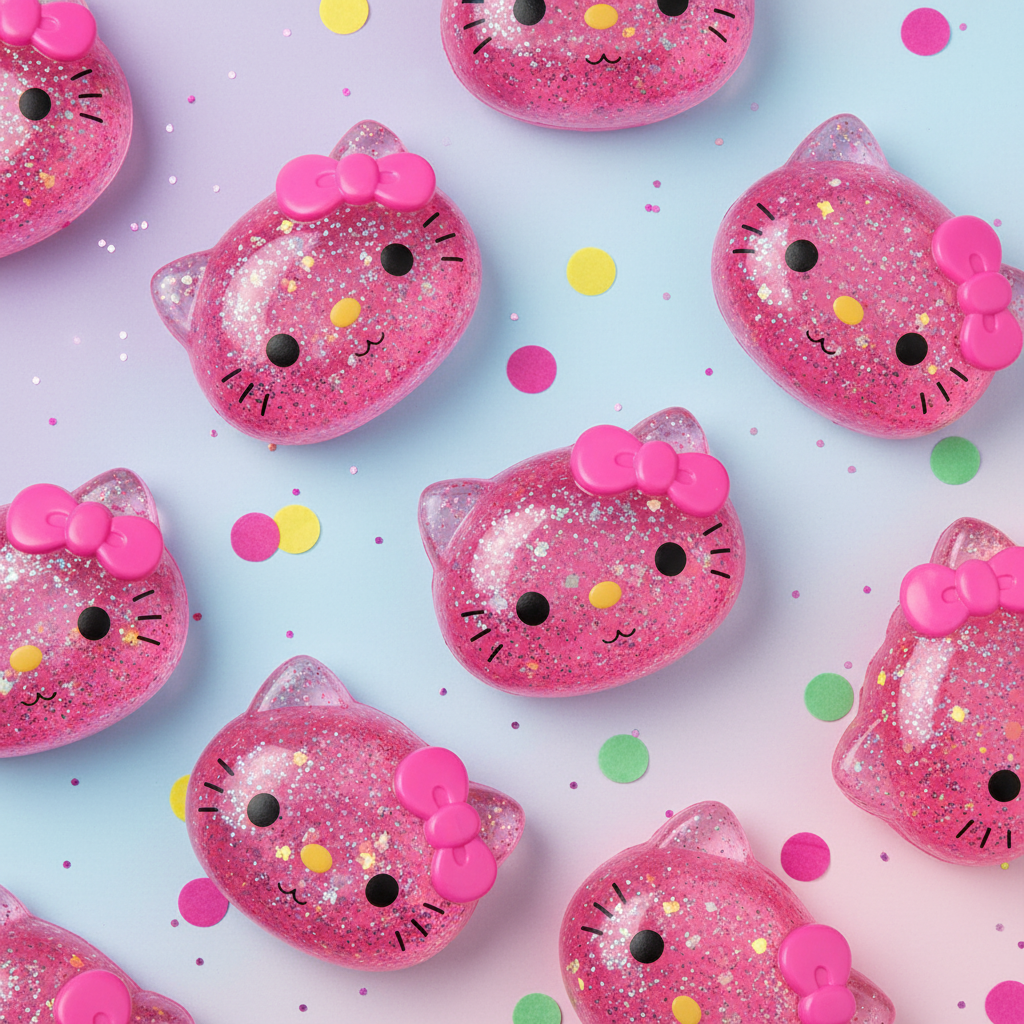 Photo lifestyle fun et colorée – chat squishy pailleté rose sur fond pastel