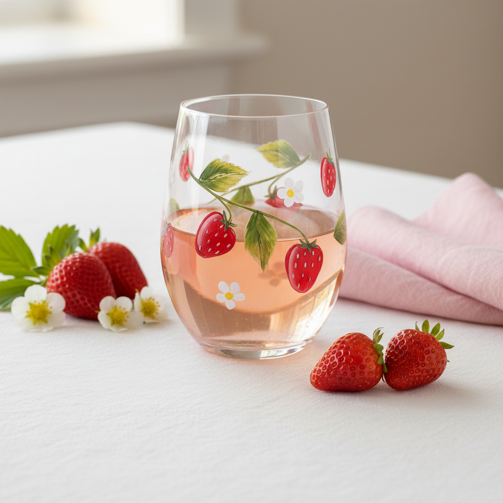 Verre Fraises des Champs avec rosé et fraises fraîches sur nappe blanche