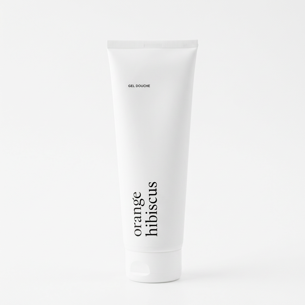 Tube de gel douche Orange et hibiscus Marée sur fond blanc