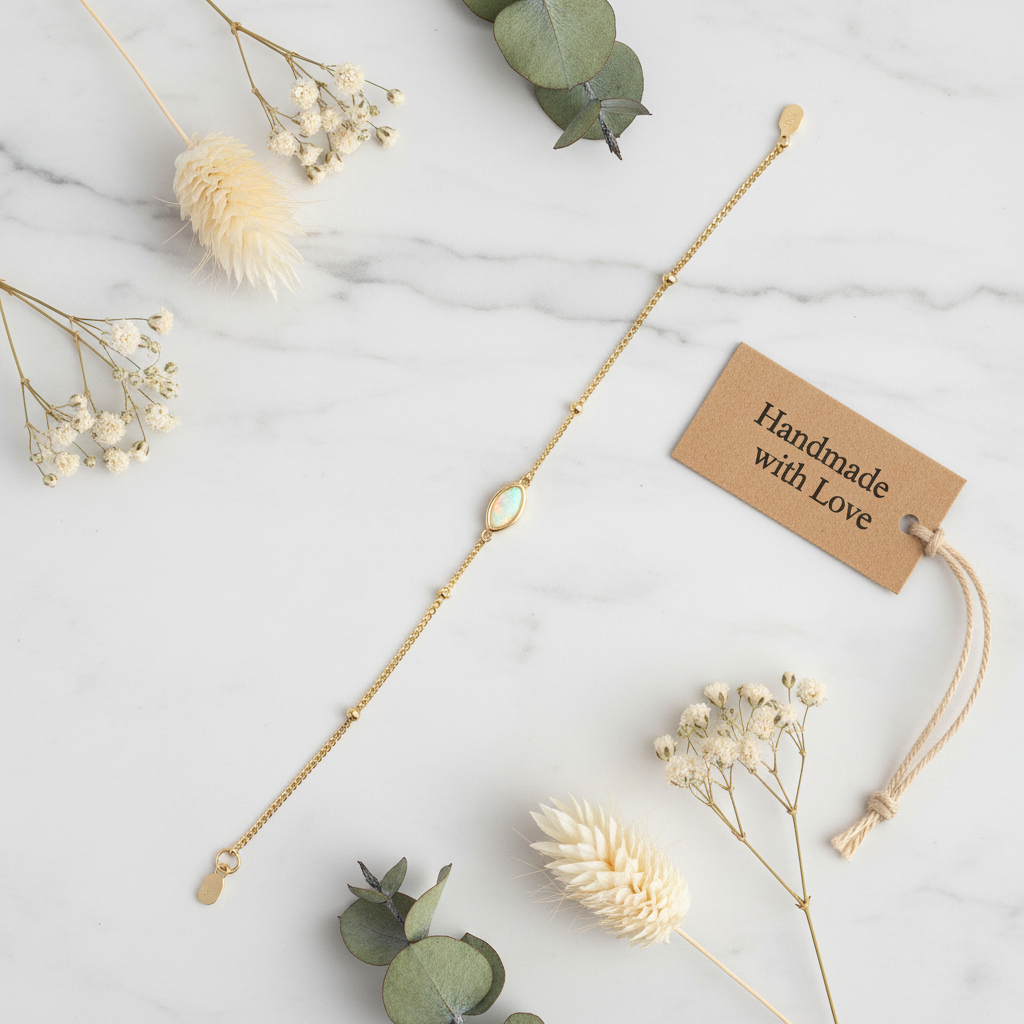 Flat lay bracelet Emery opale sur marbre blanc