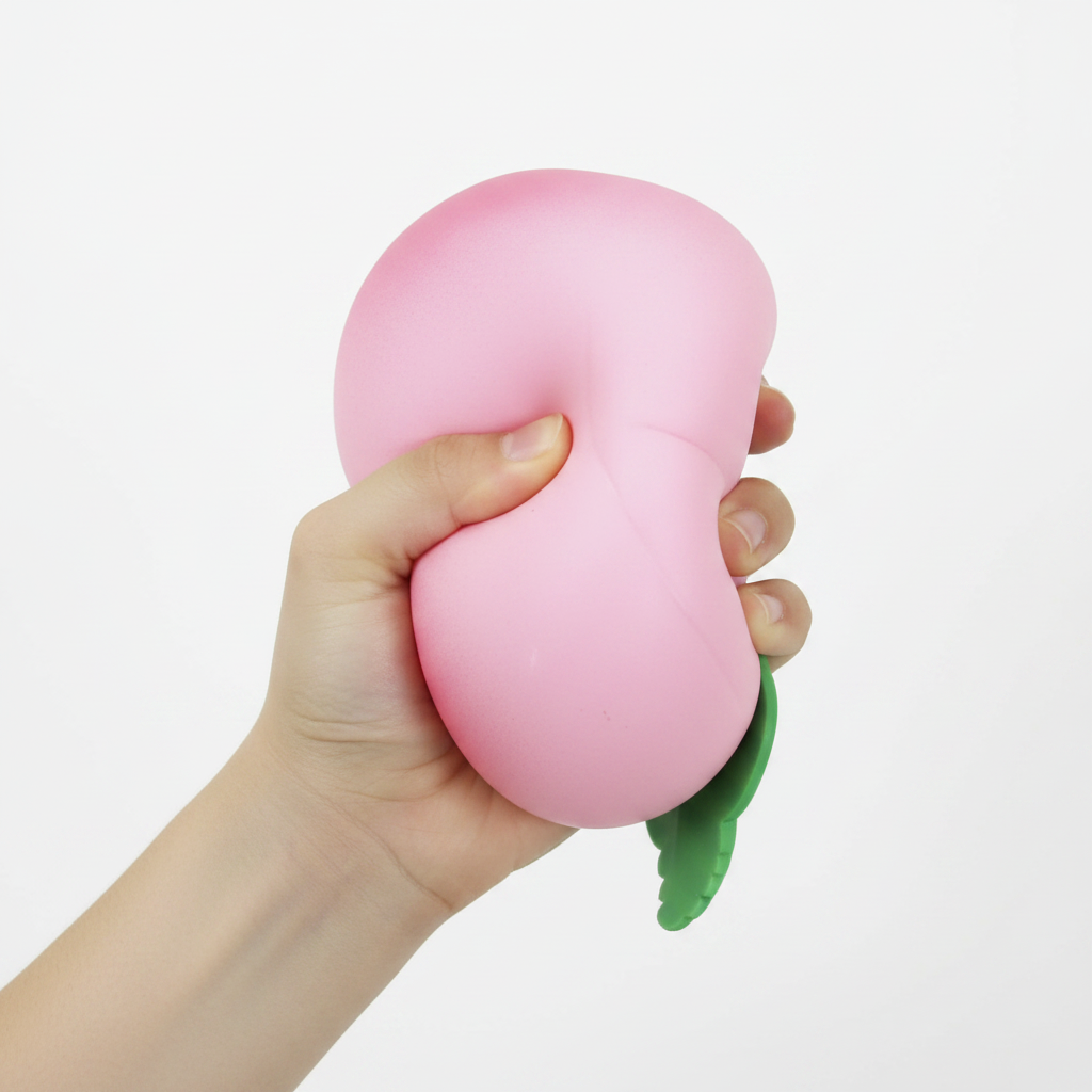 Jumbo Squishy Pêche Rose 6 po pressé par une main d’enfant