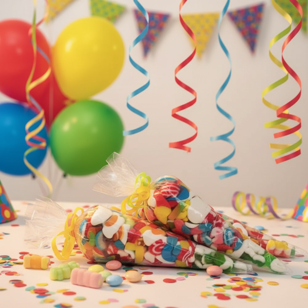 Cônes de bonbons colorés sur table festive avec confettis et ballons