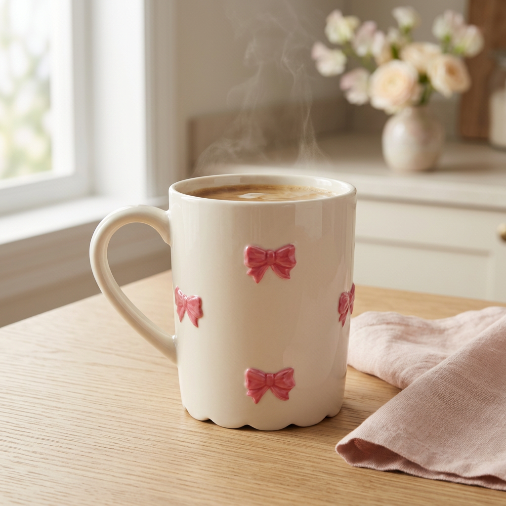 Tasse Sadie Bows ivoire à boucles roses en relief sur une table de déjeuner lumineuse.