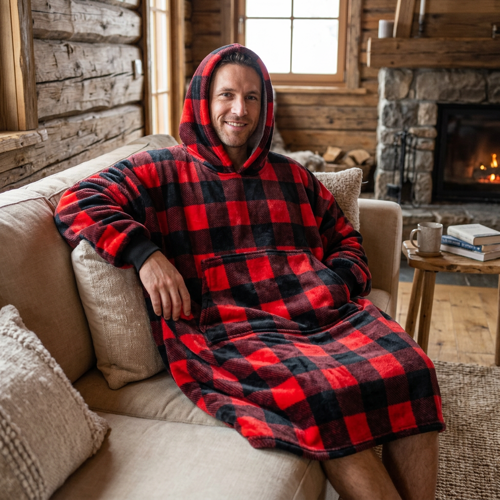 Homme portant la couverture à capuchon Lumberjack à carreaux rouges et noirs sur un divan au chalet