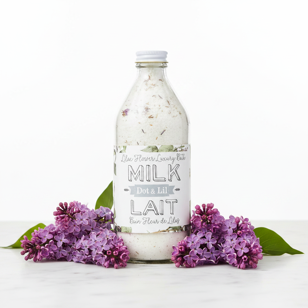 Lait de bain Fleur de Lilas Dot & Lil flacon verre sur marbre