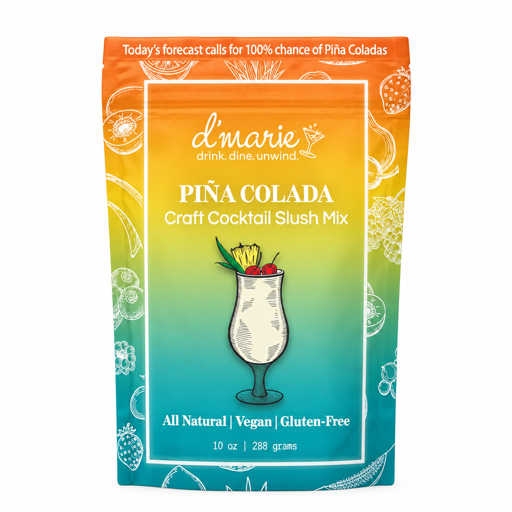 Pochette D’Marie Piña Colada Craft Cocktail Slush Mix sur fond blanc carré, indiquant 10 oz et 288 grams