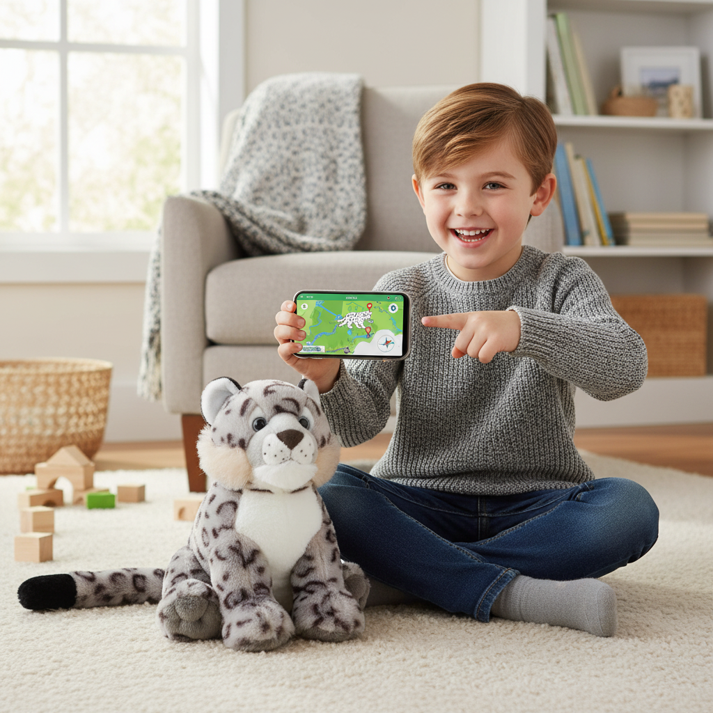 Peluche léopard des neiges à côté d'un enfant tenant un téléphone avec app de suivi animal