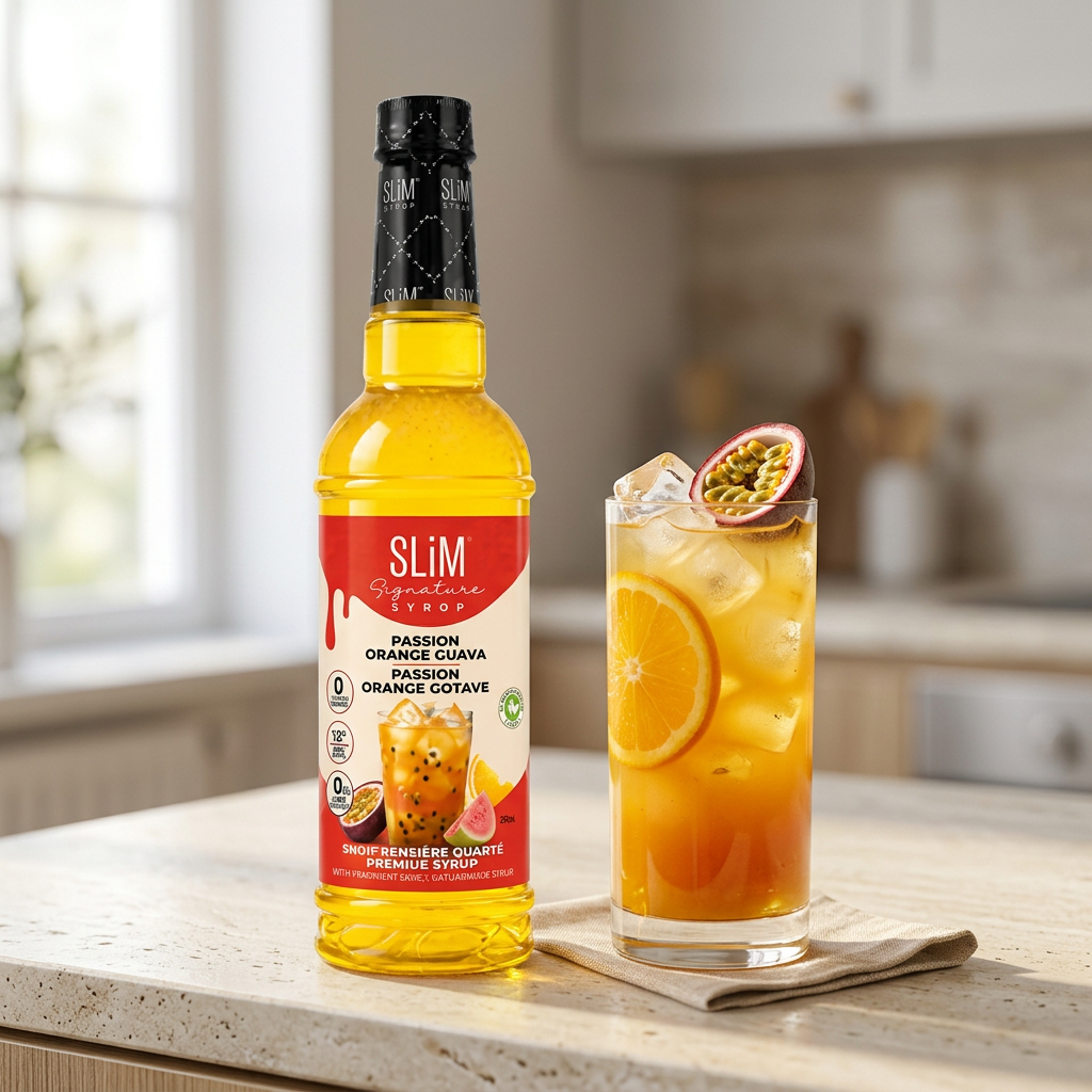 Sirop Slim passion orange goyave en ambiance cuisine avec un mocktail glacé et des fruits tropicaux.
